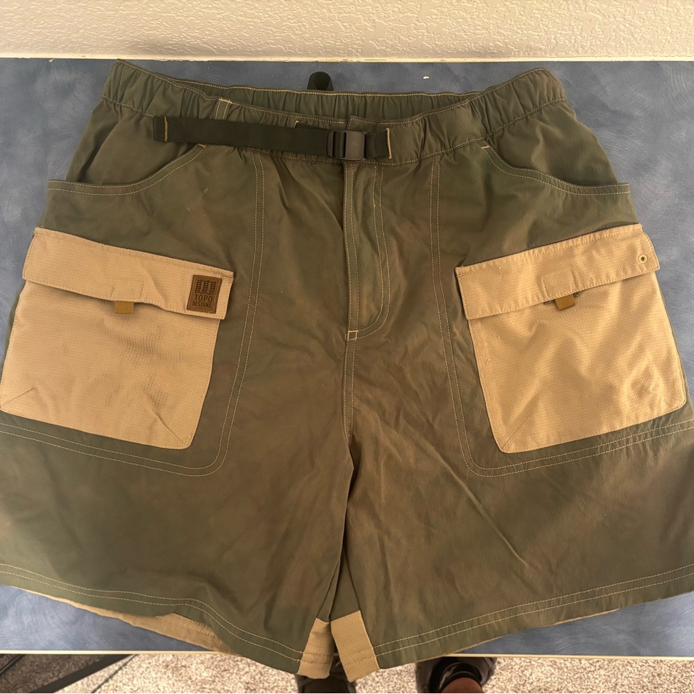 Topo Designs Olive and Beige Cargo (Tie dye) Shorts